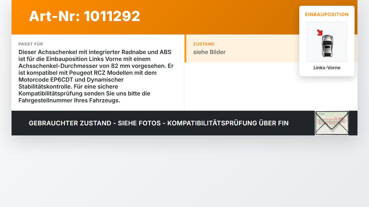 Peugeot RCZ 10-15 1,6 115KW Achsschenkel Radnabe mit ABS Links Vorne Peugeot RCZ 10-15 18.04.2011 gebraucht Vorschau 3