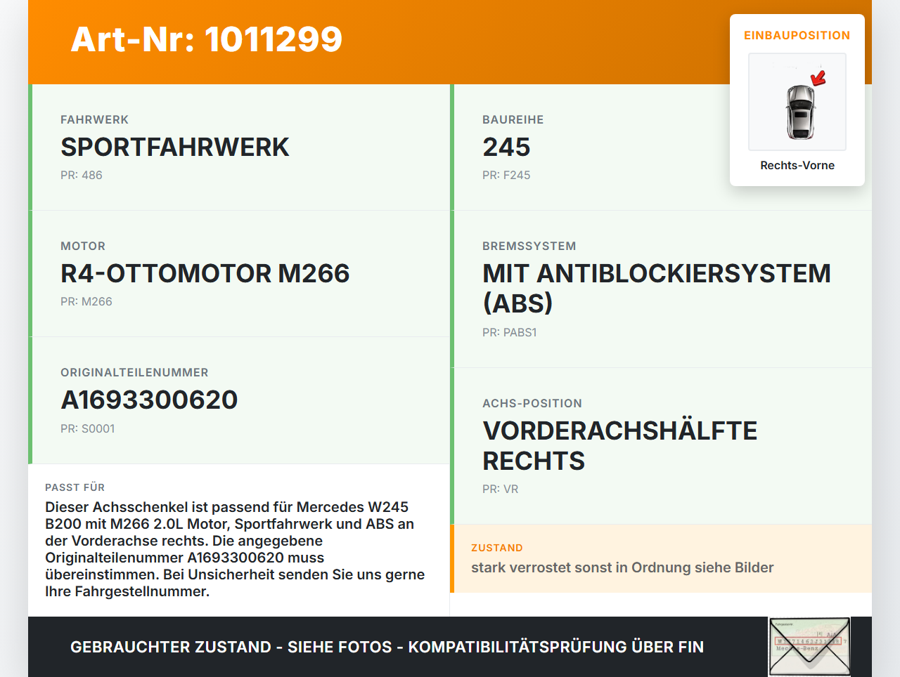 Mercedes W245 B200 05-08 2,0 100KW Achsschenkel Radnabe mit ABS Rechts Vorne Mercedes W245 B200 05-08 17.03.2006... Vorschau 3