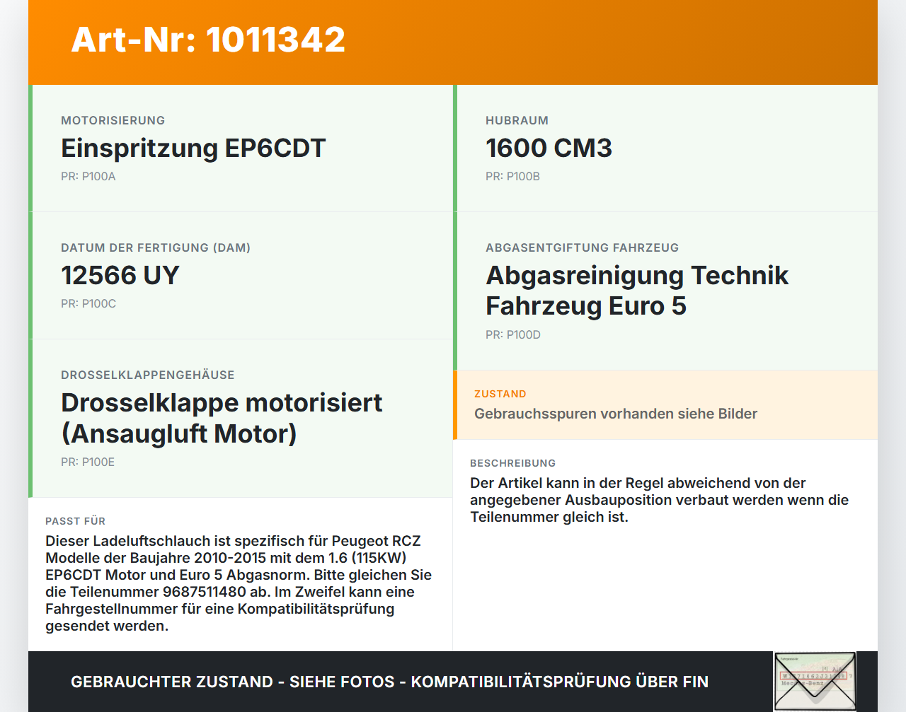Peugeot RCZ 10-15 1,6 115KW Ansaugrohr Ladeluftschlauch Luftschlauch Pos.1 Peugeot RCZ 10-15 18.04.2011 9687511480... Vorschau 3