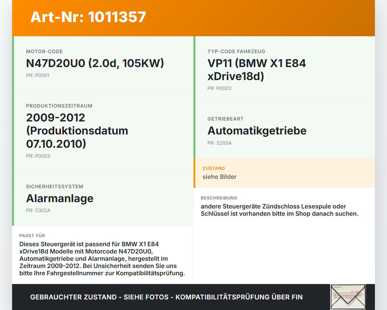 BMW X1 E84 X18D 09-12 2,0d 105KW Wegfahrsperre ECU Steuergerät BMW X1 E84 X18D 09-12 21.06.2010 0037597 51210037597... Vorschau 3