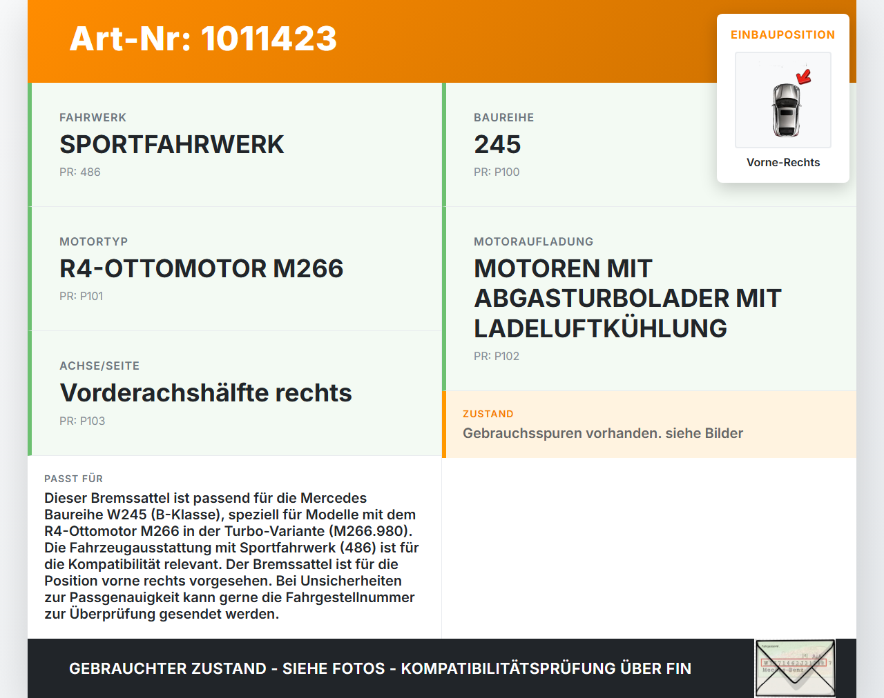 Mercedes W245 B200 05-08 2,0 100KW Bremssattel Bremszange Vorne Rechts Mercedes W245 B200 05-08 17.03.2006... Vorschau 3