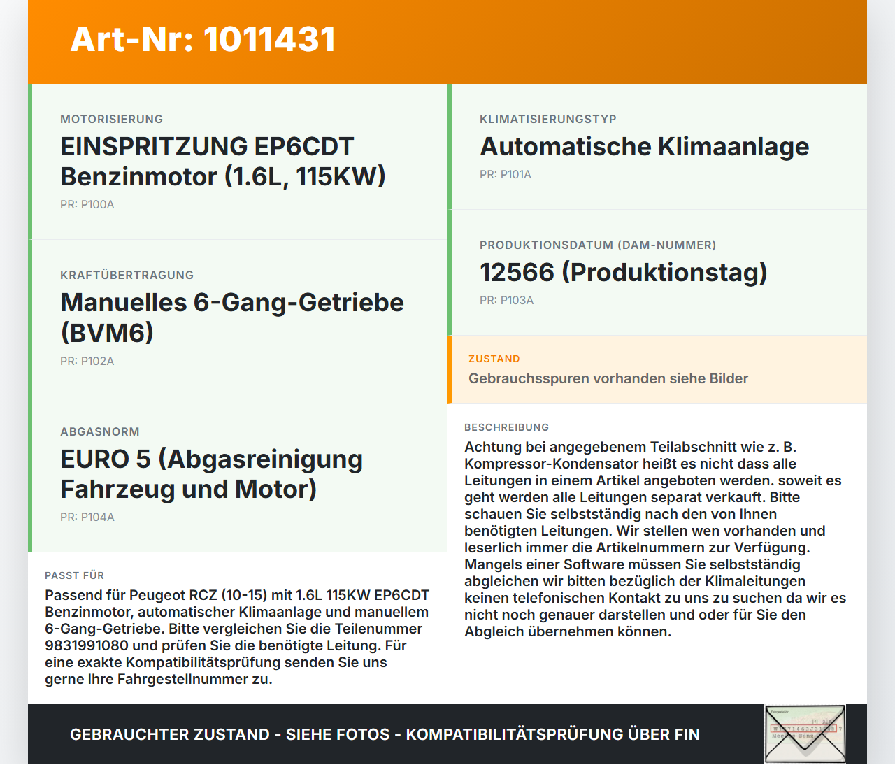 Peugeot RCZ 10-15 1,6 115KW Klimaschlauch Klimaleitung Peugeot RCZ 10-15 18.04.2011 9831991080 gebraucht Vorschau 3