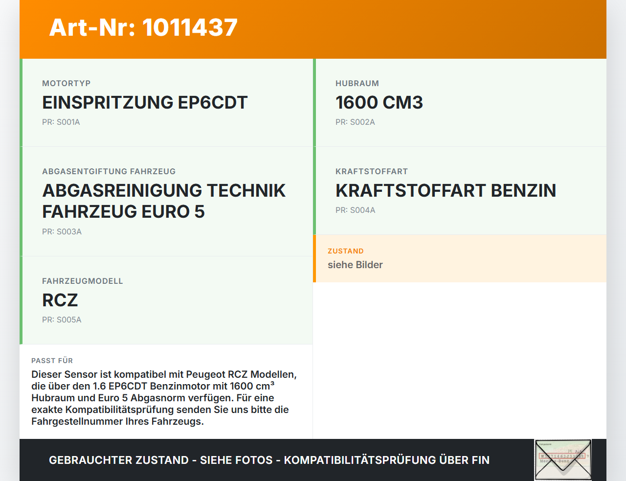 Peugeot RCZ 10-15 1,6 115KW Sensor Peugeot RCZ 10-15 18.04.2011 0261230253 75999078001 gebraucht Vorschau 3