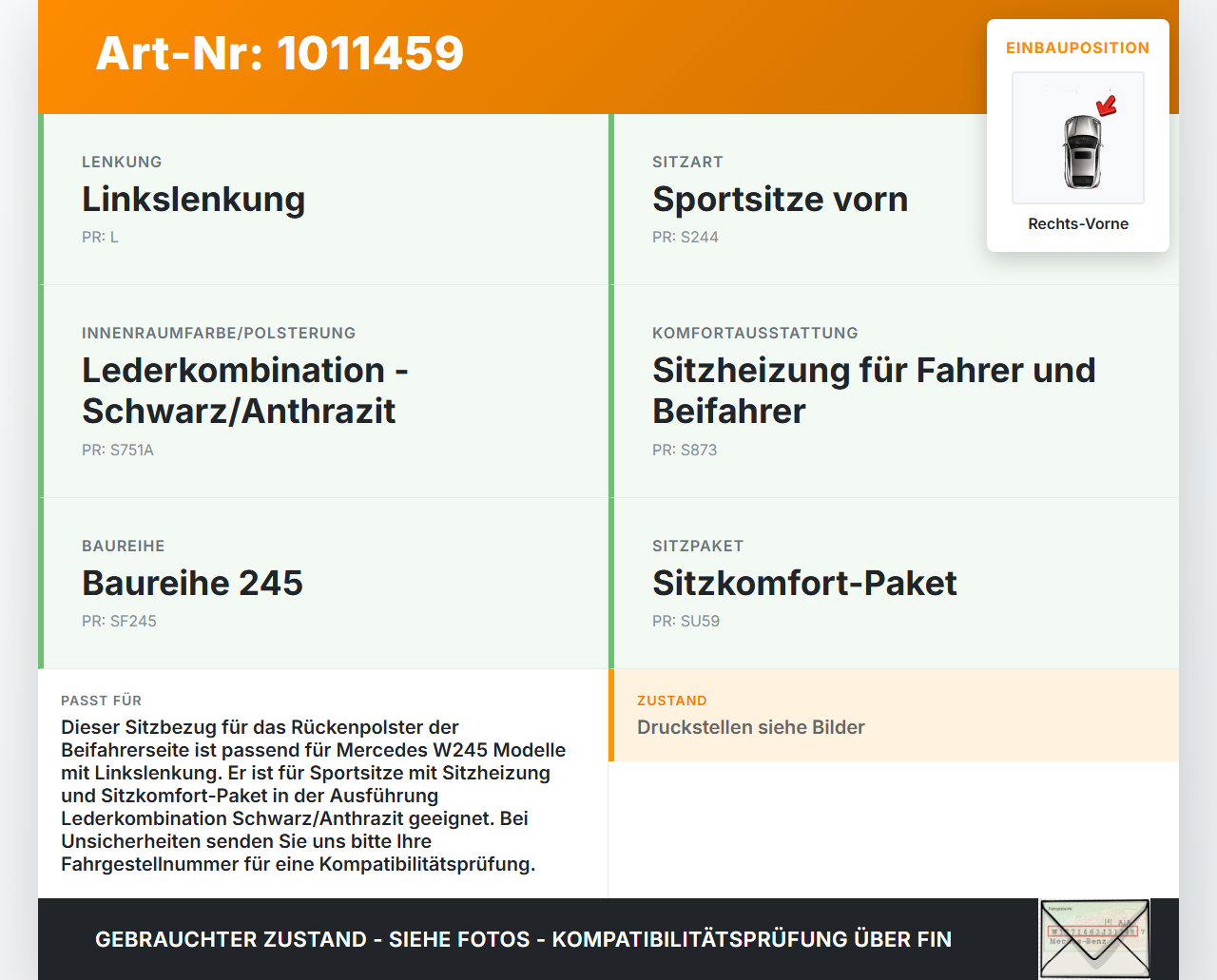 Mercedes W245 B200 05-08 Sitzbezug Rückenpolster Rechts Vorne für Beifahrer Sitz Mercedes W245 B200 05-08... Vorschau 3