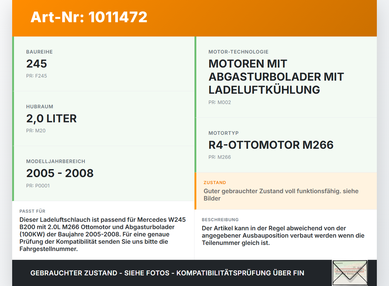 Mercedes W245 B200 05-08 2,0 100KW Ansaugrohr Ladeluftschlauch Luftschlauch Pos.1 Mercedes W245 B200 05-08... Vorschau 3