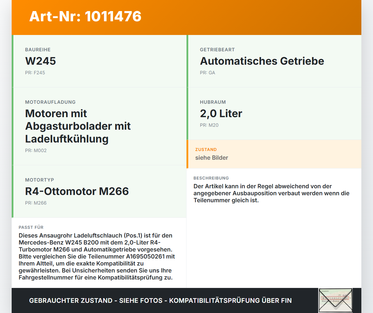 Mercedes W245 B200 05-08 2,0 100KW Ansaugrohr Ladeluftschlauch Luftschlauch Pos.1 Mercedes W245 B200 05-08... Vorschau 3