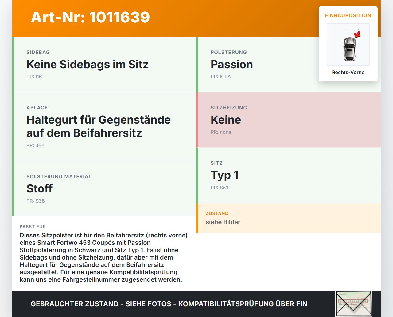 Smart Fortwo 453 14-24 Coupe Sitzbezug Sitzpolster für Beifahrersitz Rechts Vorne Smart Fortwo 453 14-24 28.03.2017... Vorschau 3