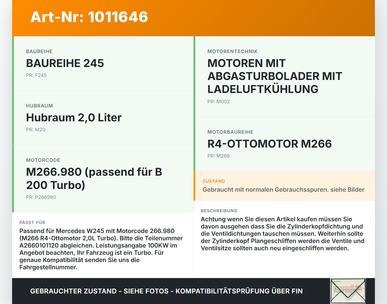 Mercedes W245 B200 05-08 2,0 100KW 266.980 Zylinderkopf Mercedes W245 B200 05-08 17.03.2006 A2660101120 gebraucht Vorschau 3