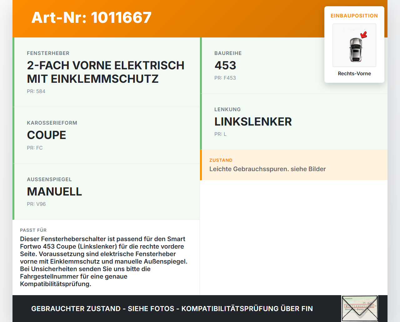 Smart Fortwo 453 14-24 Coupe Fensterheberschalter Schalter Rechts Vorne Smart Fortwo 453 14-24 28.03.2017... Vorschau 3