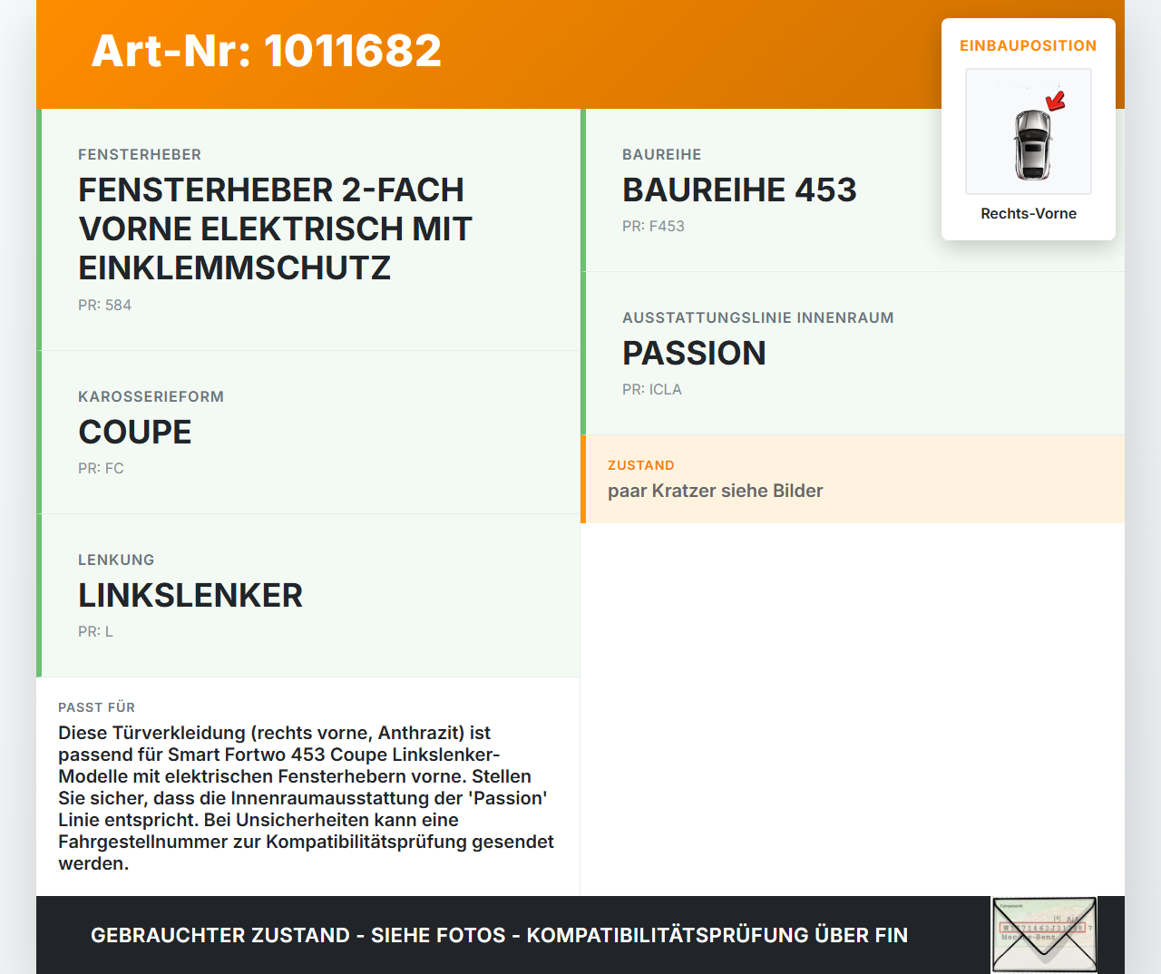 Smart Fortwo 453 14-24 Coupe Türverkleidung Türpappe Rechts Vorne Anthrazit Smart Fortwo 453 14-24 28.03.2017... Vorschau 3