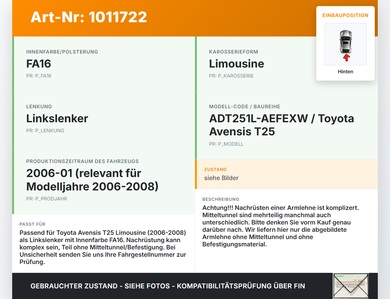 Toyota Avensis T25 06-08 Mittelarmlehne Hinten mit Getränkehalter Toyota Avensis T25 06-08 02.02.2006 gebraucht Vorschau 3