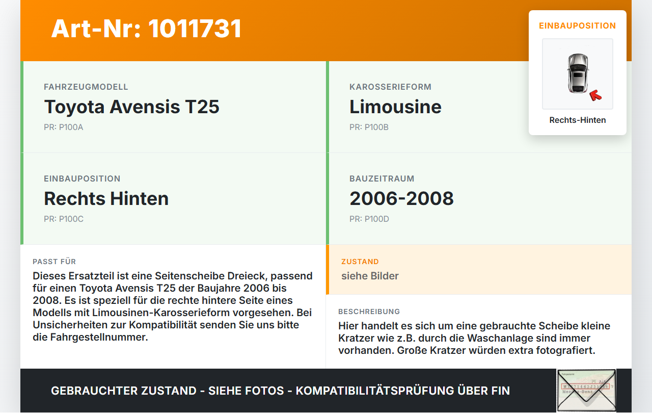 Toyota Avensis T25 06-08 Lim Seitenscheibe Dreieck Scheibe Rechts Hinten Toyota Avensis T25 06-08 02.02.2006... Vorschau 3