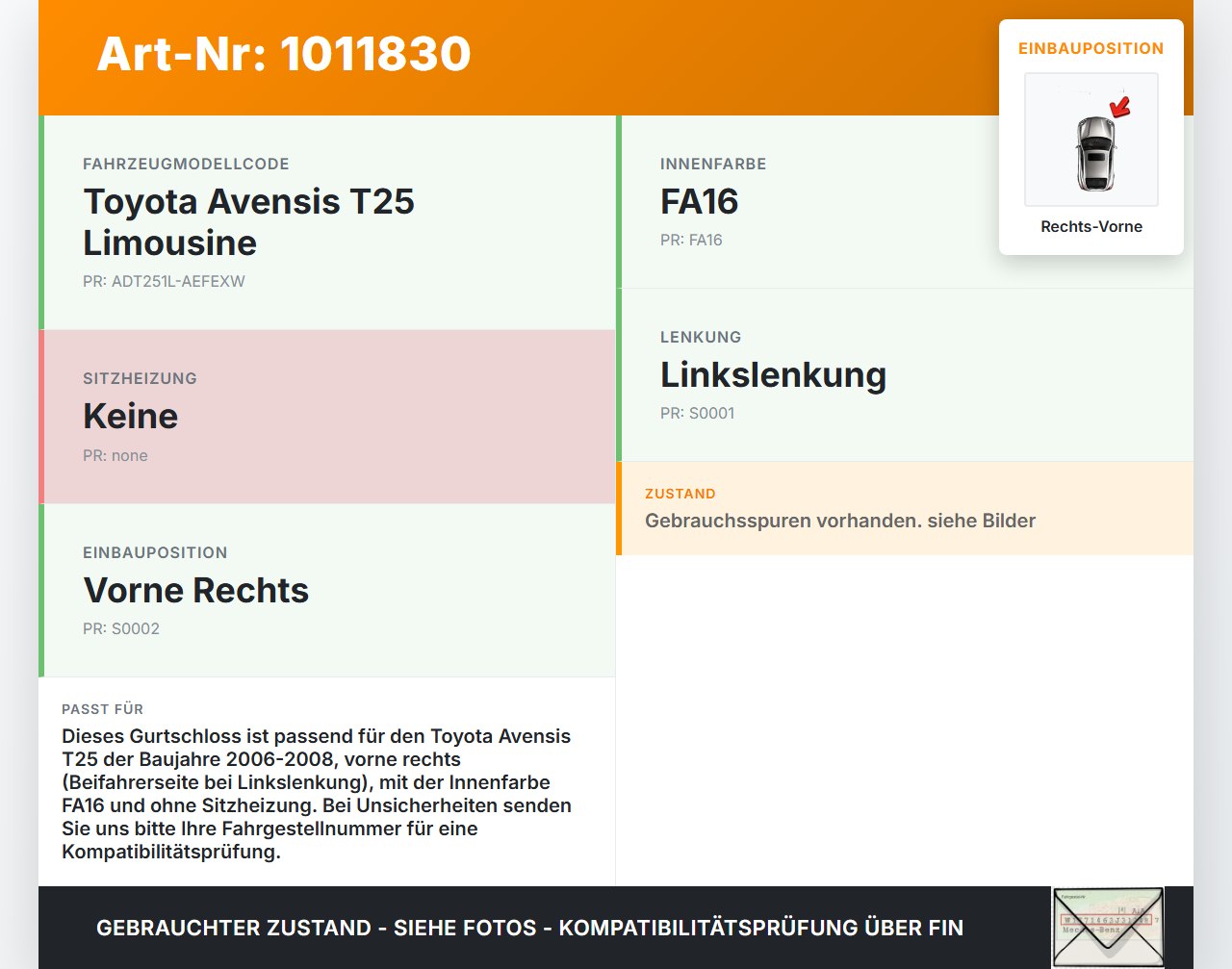 Toyota Avensis T25 06-08 Gurtschloss Rechts Vorne Toyota Avensis T25 06-08 02.02.2006 7323005051B0 gebraucht Vorschau 3