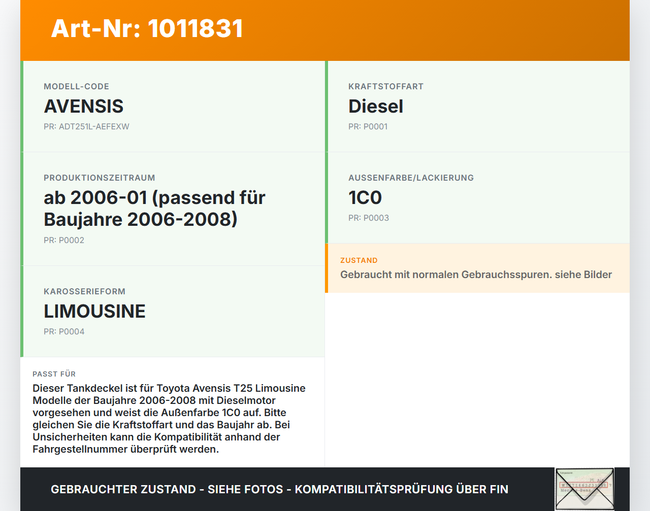 Toyota Avensis T25 06-08 Tankdeckel Verschluss Tankverschluss Toyota Avensis T25 06-08 02.02.2006 7730060010 gebraucht Vorschau 3
