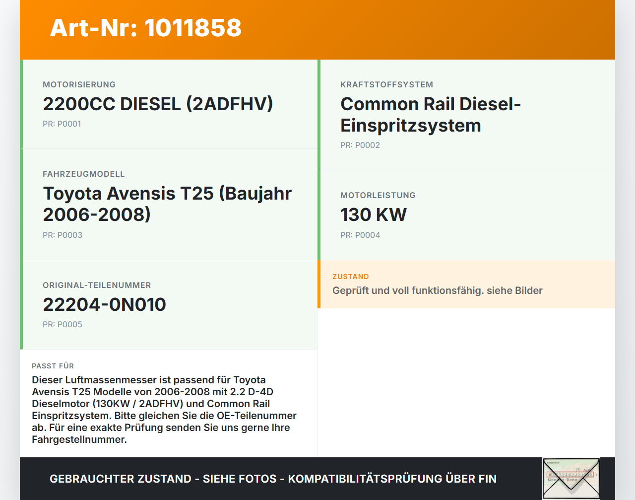 Toyota Avensis T25 06-08 D-4D 2,2 130KW Luftmassenmesser Toyota Avensis T25 06-08 02.02.2006 222040N010 22204-0N010... Vorschau 3