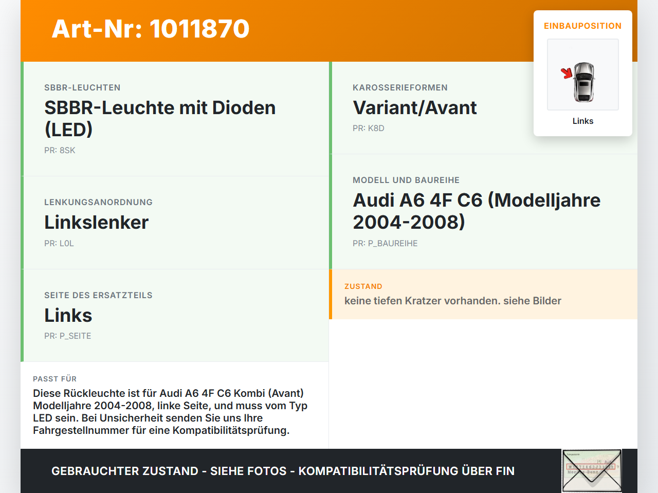 Audi A6 4F C6 qu 04-08 Kombi Rückleuchte Rücklicht Heckleuchte Links orig Audi A6 4F C6 qu 04-08 05.04.2006... Vorschau 3