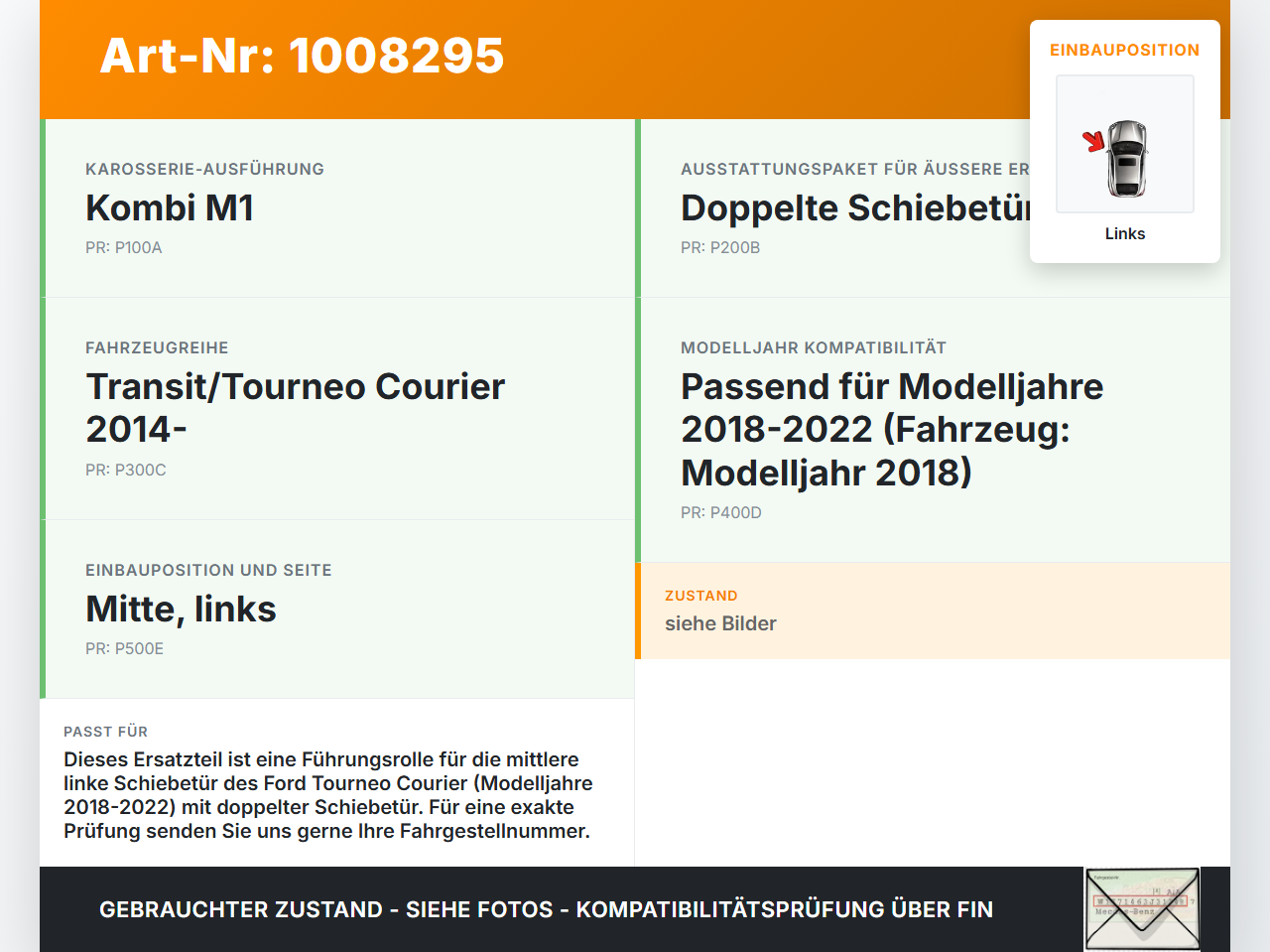 Ford Tourneo Courier 18-22 Kombi Führungsrolle Schiebetür Mitte Links Ford Tourneo Courier 18-22 30.12.2017... Vorschau 3