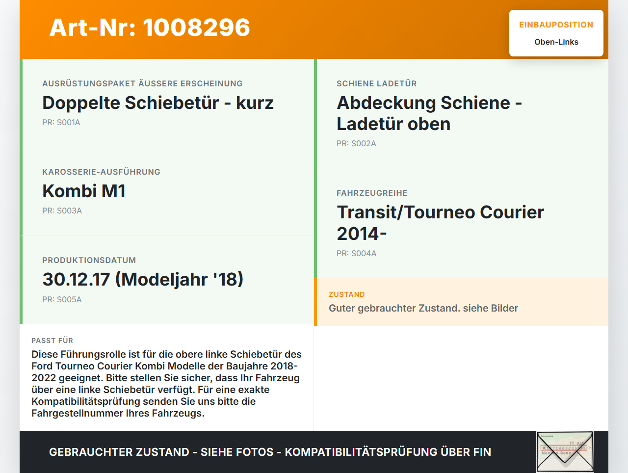 Ford Tourneo Courier 18-22 Kombi Führungsrolle Schiebetür Oben Links Ford Tourneo Courier 18-22 30.12.2017... Vorschau 3