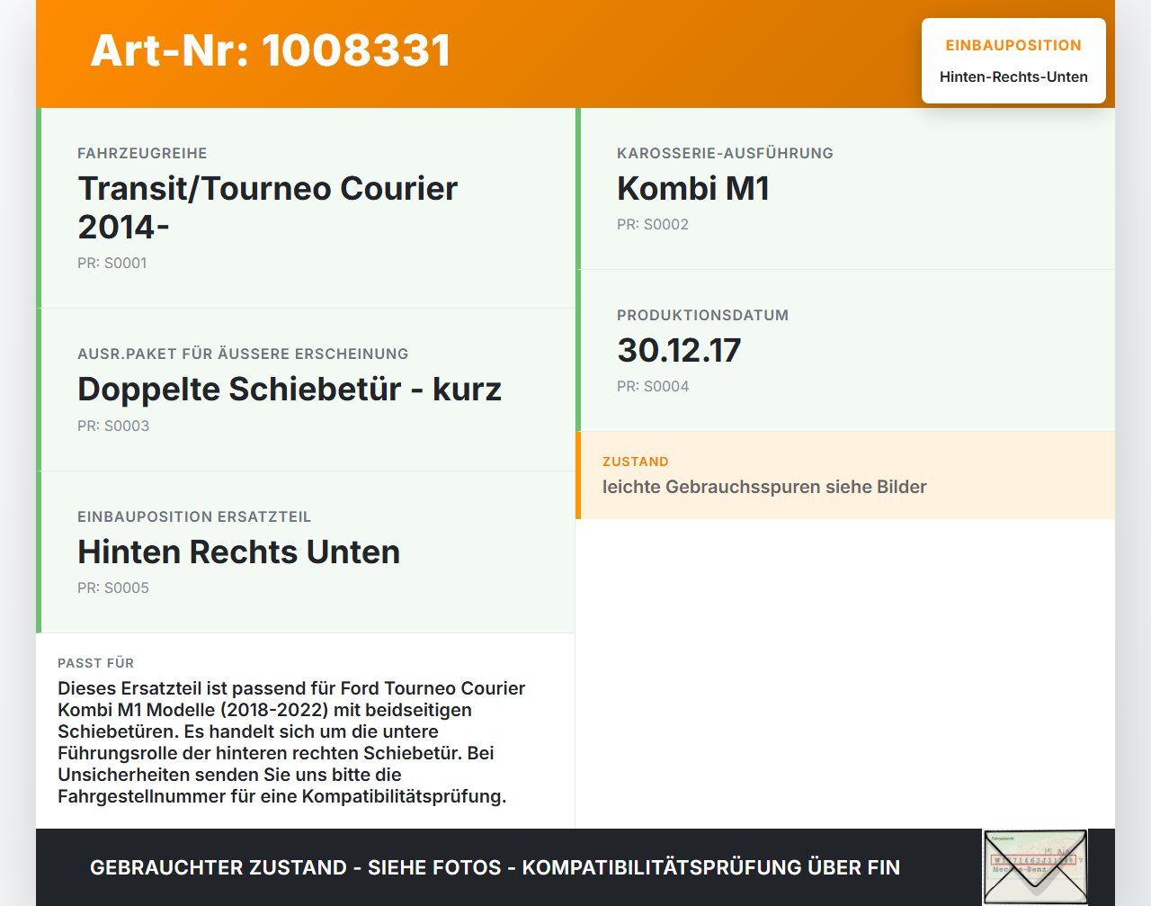 Ford Tourneo Courier 18-22 Kombi Führungsrolle Schiebetür Laufschiene Hinten Rechts Unten Ford Tourneo Courier... Vorschau 3