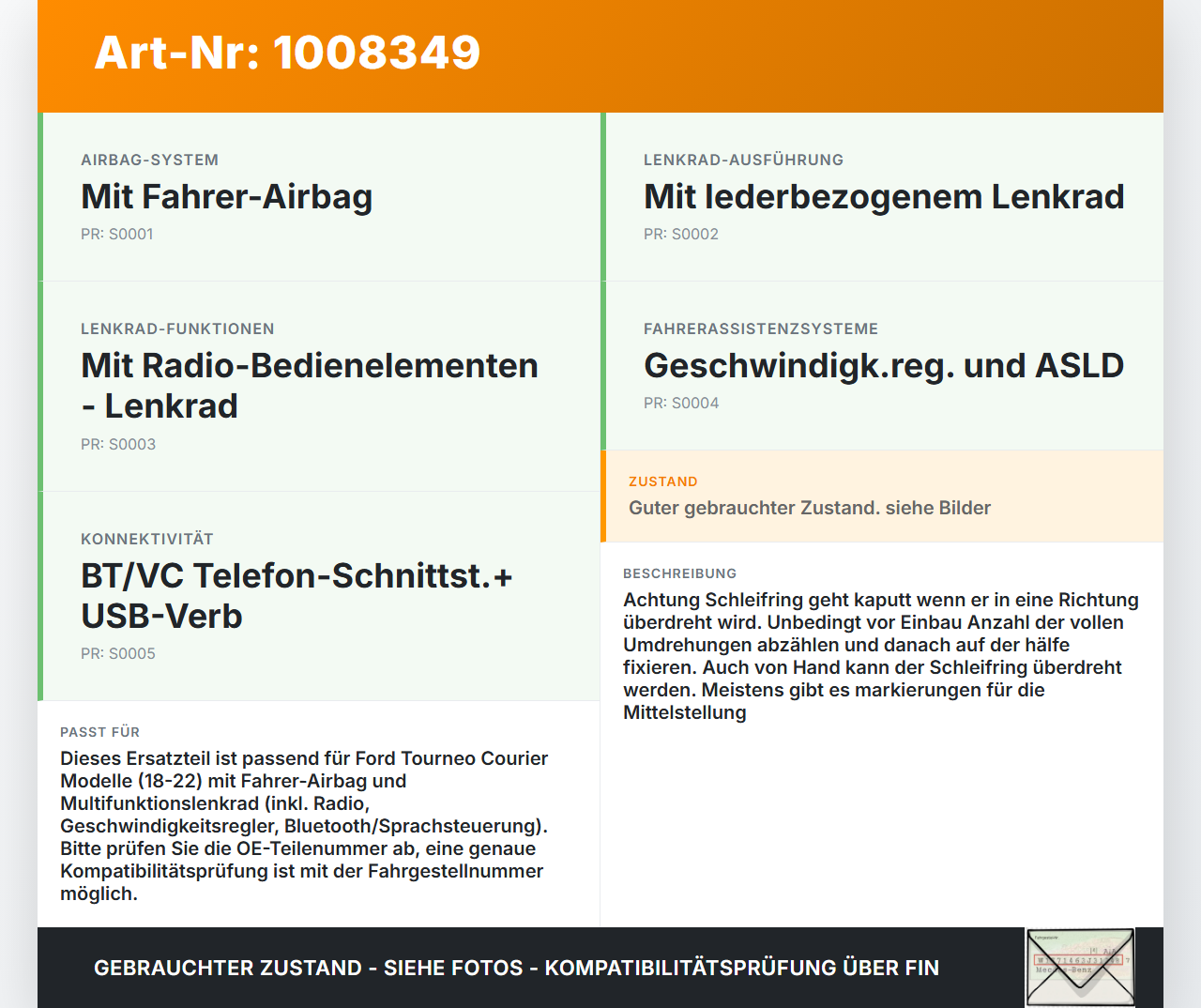 Ford Tourneo Courier 18-22 Airbag Schleifring Wickelfeder Lenkrad Ford Tourneo Courier 18-22 30.12.2017 CG35700246... Vorschau 3