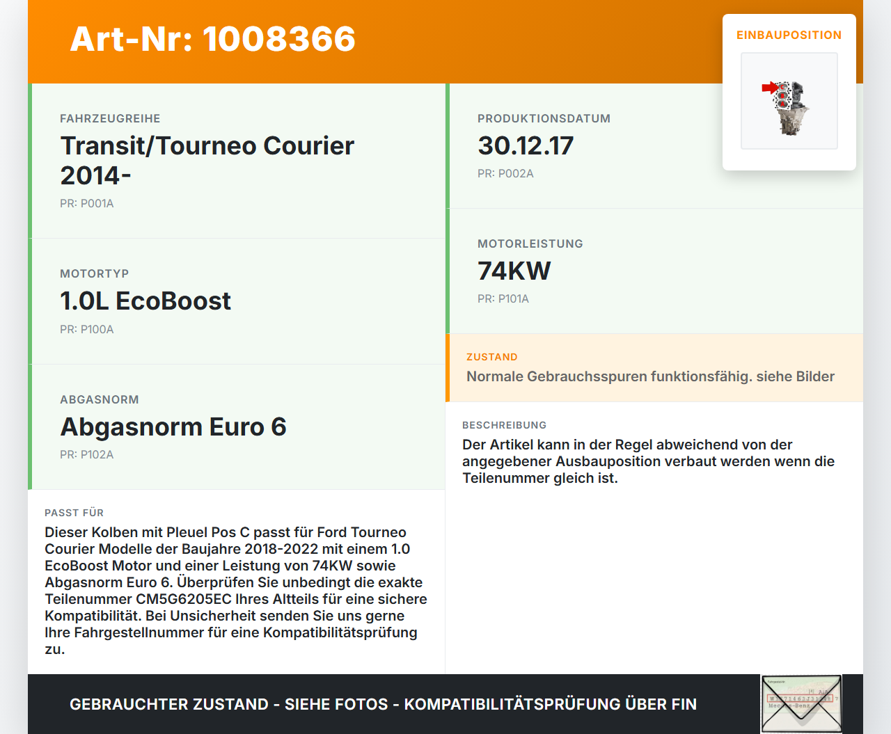 Ford Tourneo Courier 18-22 1,0 74KW EcoBoost Kolben mit Pleuel Pos C Ford Tourneo Courier 18-22 30.12.2017... Vorschau 3