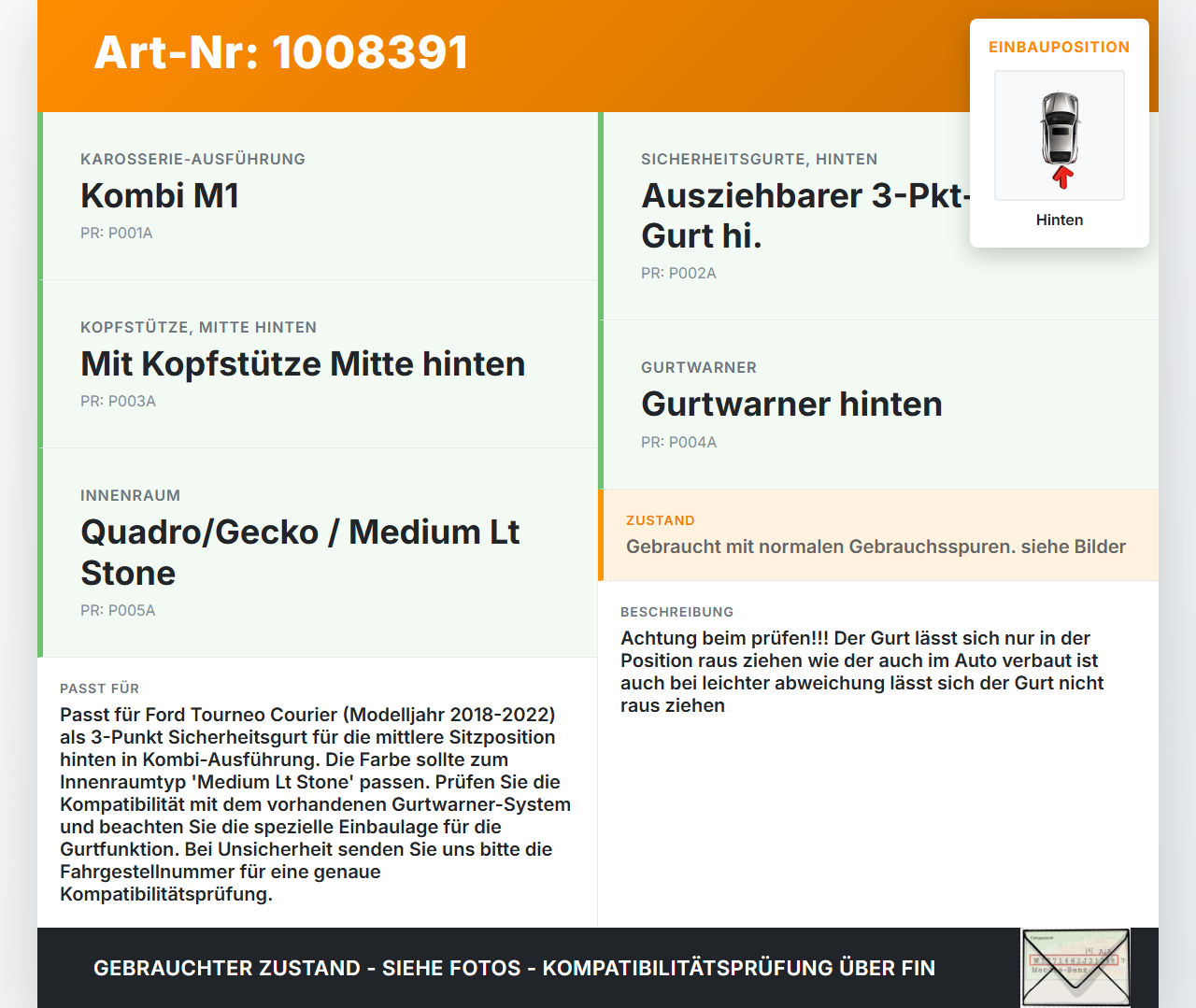 Ford Tourneo Courier 18-22 Kombi Gurt Sicherheitsgurt Mitte Hinten Ford Tourneo Courier 18-22 30.12.2017 A611B64... Vorschau 3