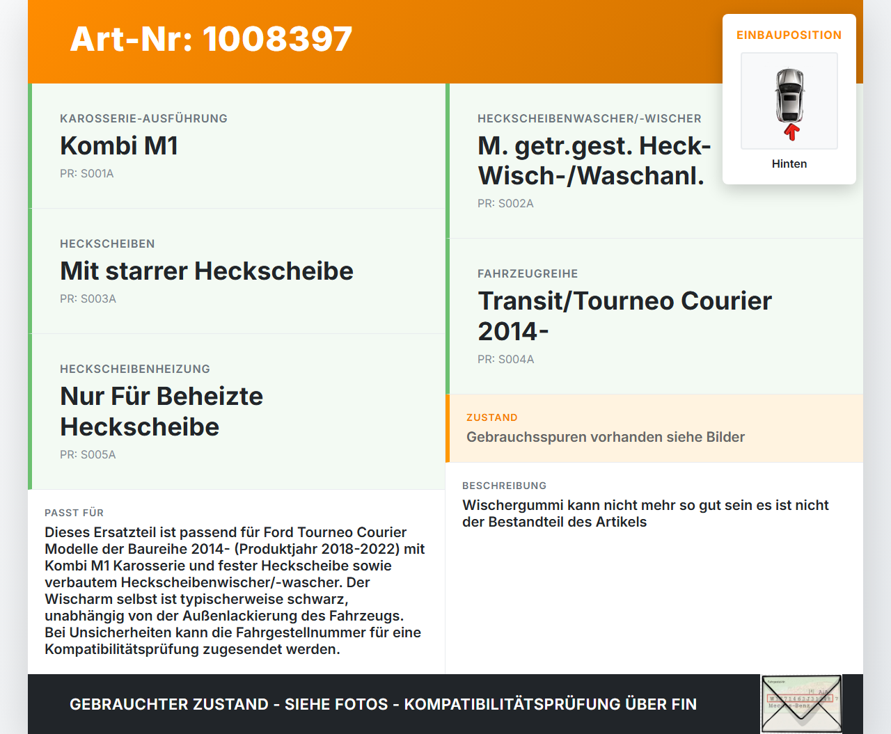 Ford Tourneo Courier 18-22 Kombi Heckwischer Scheibenwischer Hinten Wischarm Ford Tourneo Courier 18-22 30.12.2017... Vorschau 3