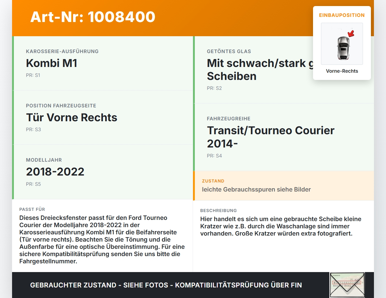 Ford Tourneo Courier 18-22 Kombi Seitenscheibe Dreiecksfenster Tür Vorne Rechts Ford Tourneo Courier 18-22... Vorschau 3