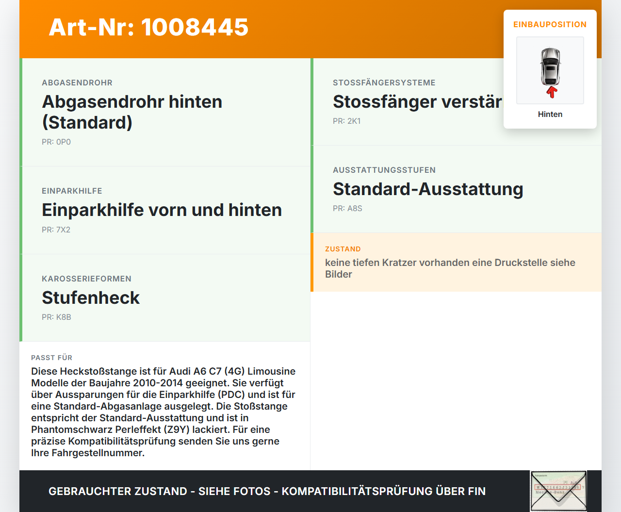 Audi A6 C7 4G 10-14 Lim Stoßstange Stoßfänger Heckstoßstange Hinten LZ9Y Audi A6 C7 4G 10-14 07.09.2011 4G5807067A... Vorschau 3