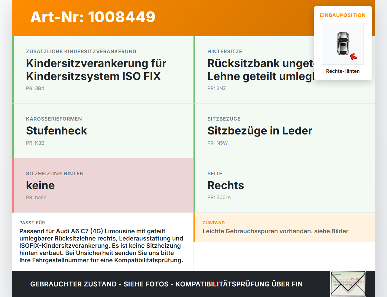 Audi A6 C7 4G 10-14 Lim Rückenpolster Rechts f. Rücksitzbank Hinten Audi A6 C7 4G 10-14 07.09.2011 4G0885776D gebraucht Vorschau 3