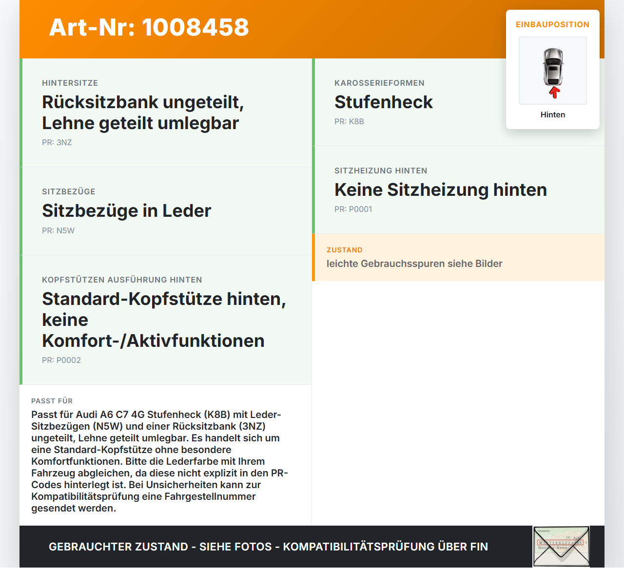 Audi A6 C7 4G 10-14 Kopfstütze Mitte Hinten Audi A6 C7 4G 10-14 07.09.2011 4G0885975C gebraucht Vorschau 3