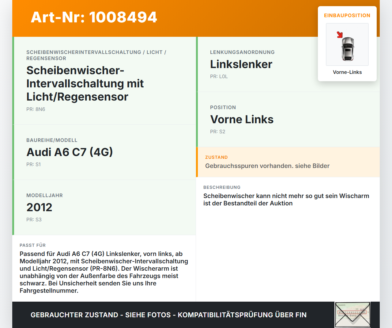 Audi A6 C7 4G 10-14 2x Scheibenwischer Wischarm Vorne Links Audi A6 C7 4G 10-14 07.09.2011 4G1955407C gebraucht Vorschau 3