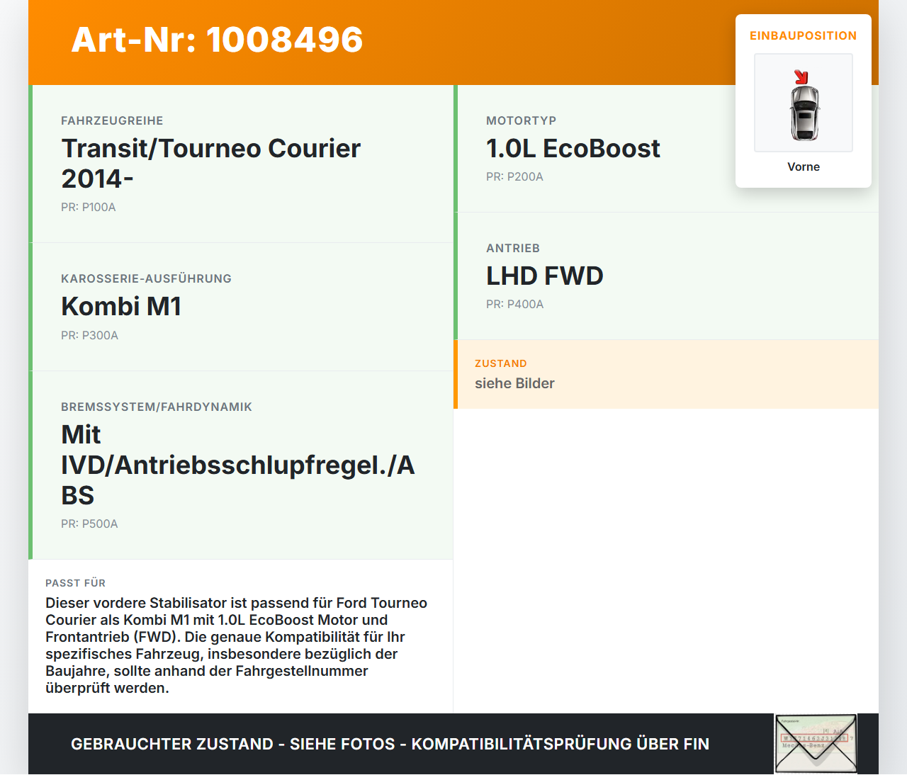Ford Tourneo Courier 18-22 Kombi Stabi Stabilisator Vorne Ford Tourneo Courier 18-22 30.12.2017 EY16-5494-AA gebraucht Vorschau 3