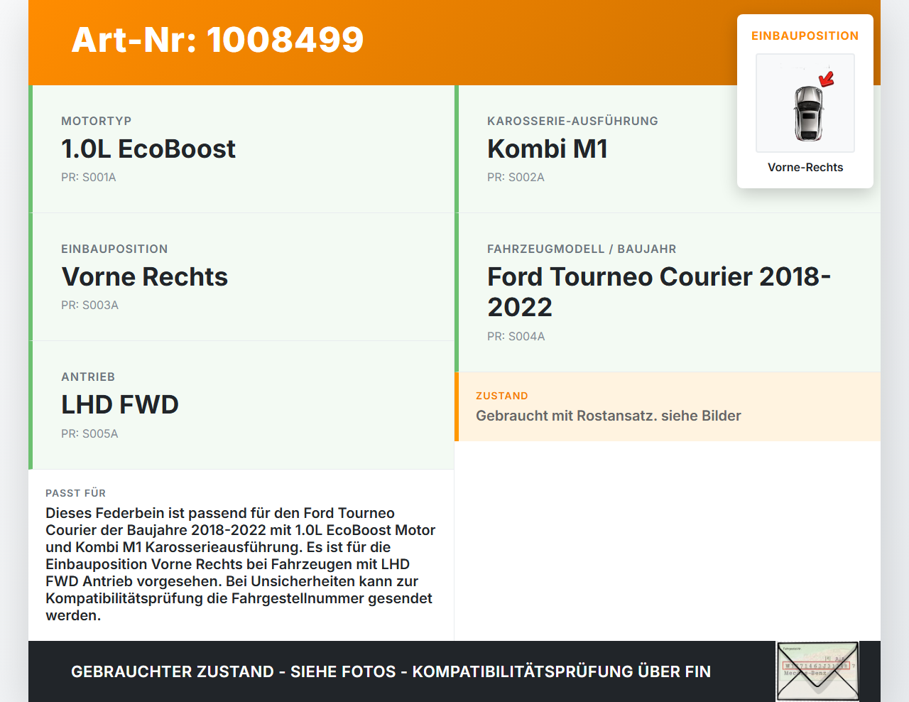Ford Tourneo Courier 18-22 Kombi Federbein Stossdämpfer Vorne Rechts Ford Tourneo Courier 18-22 30.12.2017... Vorschau 3