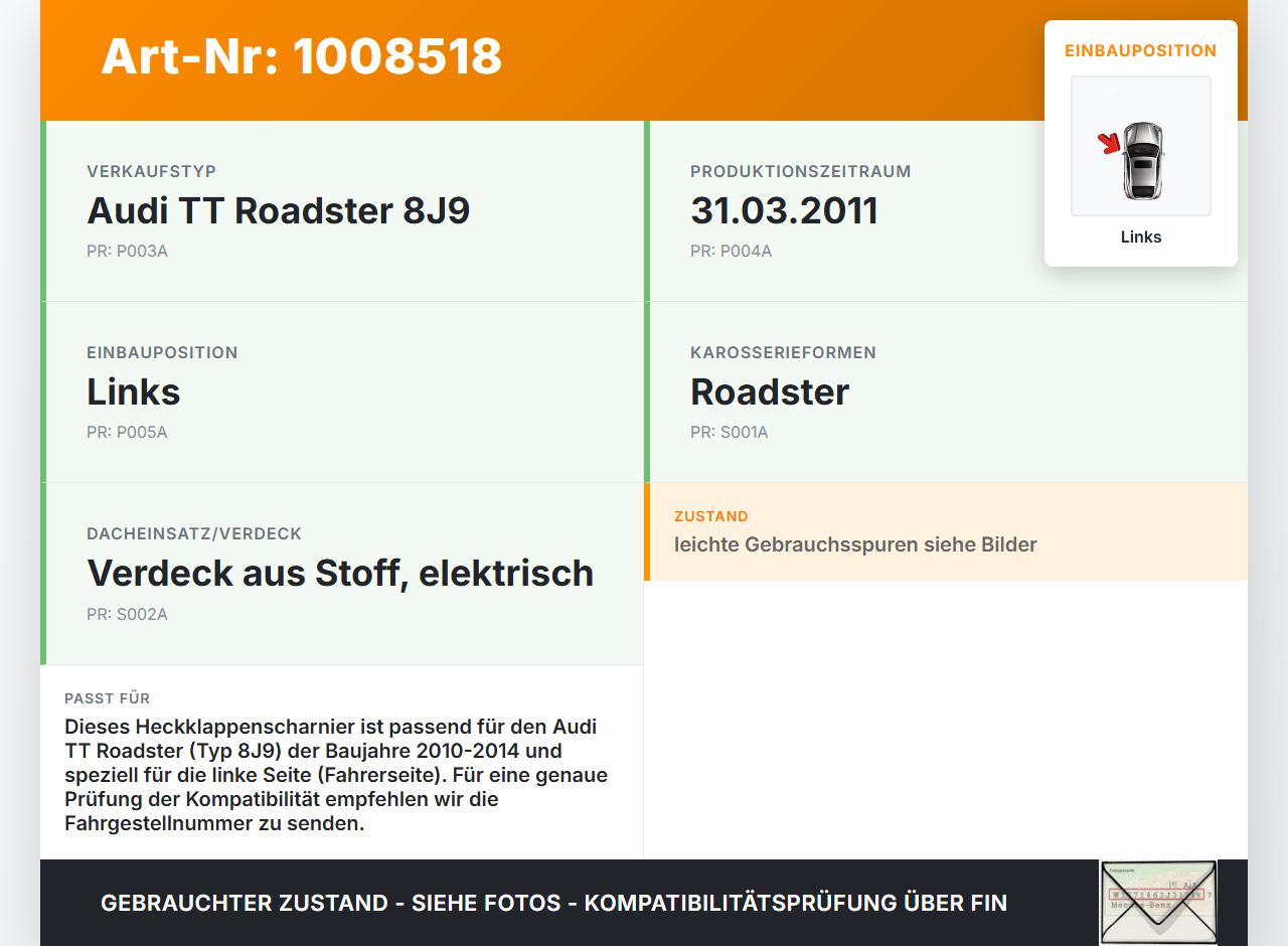 Audi TT Roadster 8J 8J9 10-14 Cabrio Scharniere Scharnier für Heckklappe Links Audi TT Roadster 8J 8J9 10-14... Vorschau 3