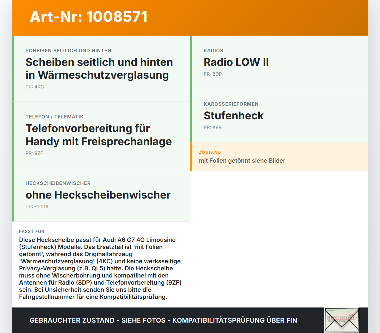 Audi A6 C7 4G 10-14 Lim Heckscheibe Rückwand Autoglas Audi A6 C7 4G 10-14 07.09.2011 4G5845501 gebraucht Vorschau 3