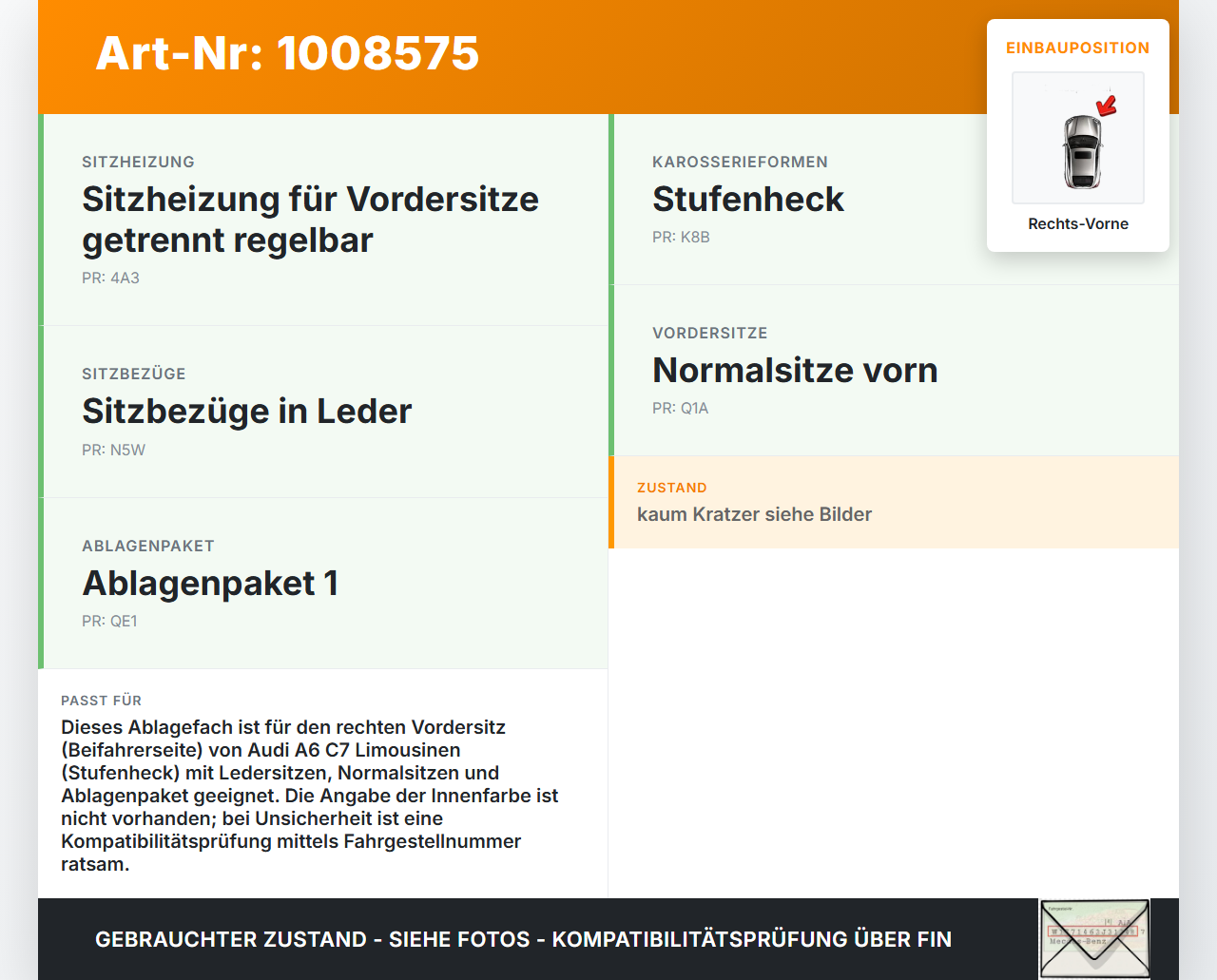 Audi A6 C7 4G 10-14 Lim Leder Ablagefach für Sitz Rechts Vorne Audi A6 C7 4G 10-14 07.09.2011 8K0882601B 8K0882602B... Vorschau 3