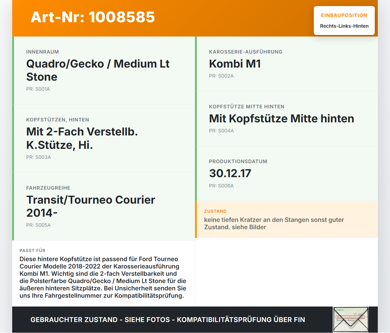 Ford Tourneo Courier 18-22 Kopfstütze Rechts oder Links Hinten Ford Tourneo Courier 18-22 30.12.2017 gebraucht Vorschau 3
