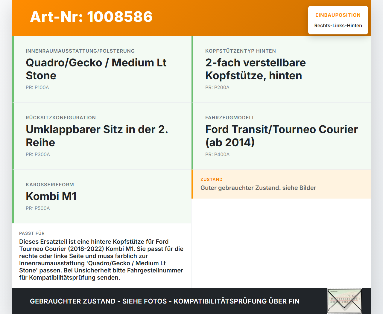 Ford Tourneo Courier 18-22 Kopfstütze Rechts oder Links Hinten Ford Tourneo Courier 18-22 30.12.2017 gebraucht Vorschau 3