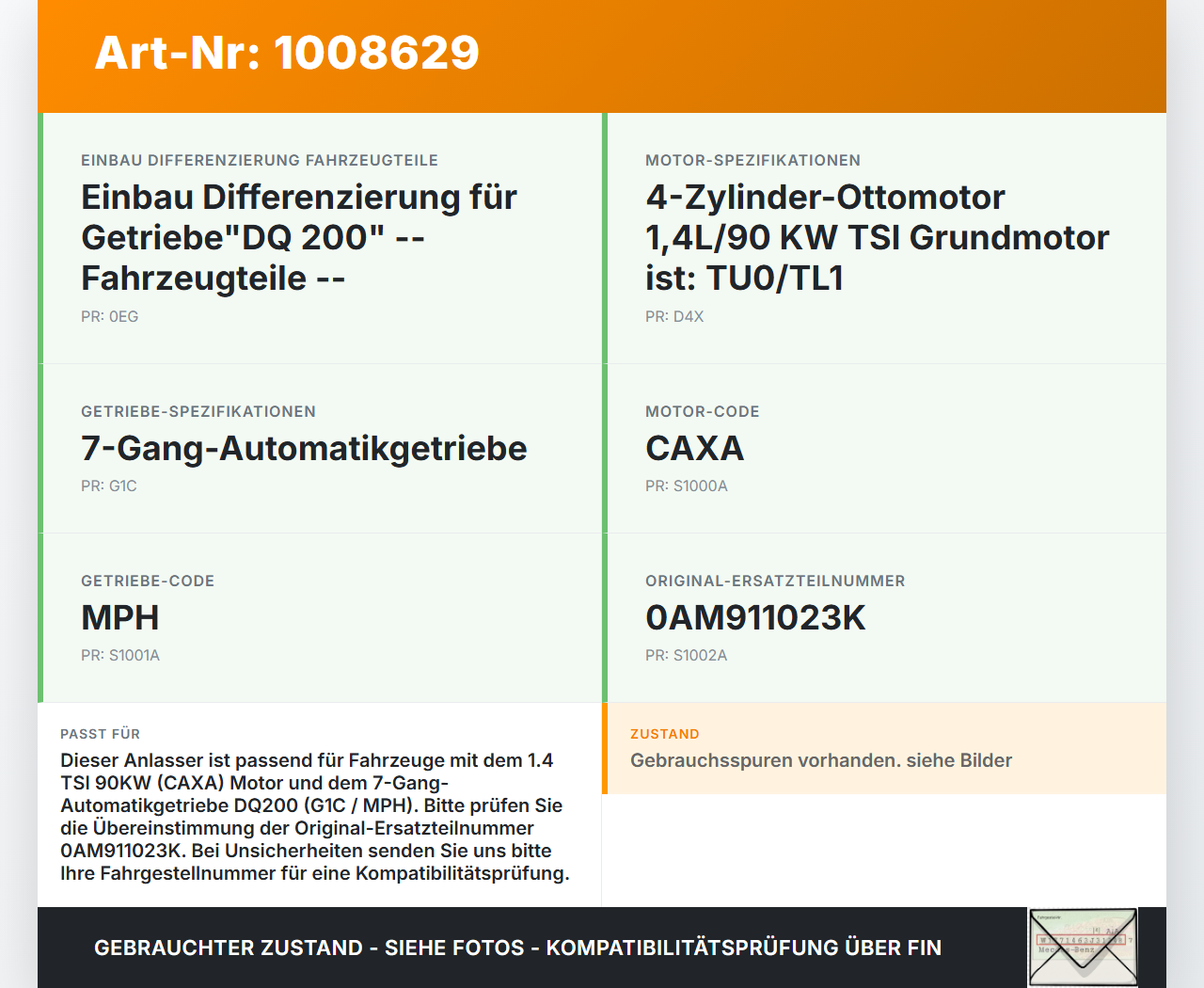 Skoda Octavia 1Z II 09-13 TSI 1,4 90KW Autom Anlasser Starter Skoda Octavia 1Z II 09-13 27.01.2011 0AM911023K gebraucht Vorschau 3