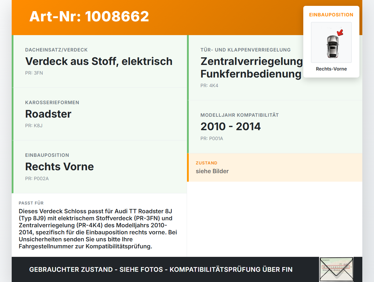 Audi TT Roadster 8J 8J9 10-14 Cabrio Verdeck Schloss Verschluss Rechts Vorne Audi TT Roadster 8J 8J9 10-14... Vorschau 3