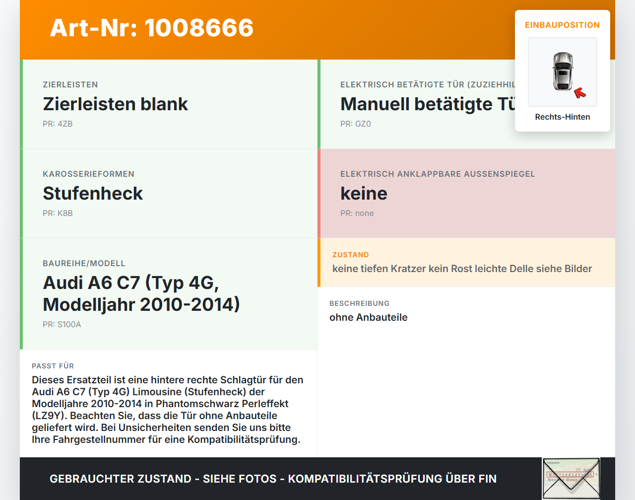 Audi A6 C7 4G 10-14 Lim Tür Rechts Hinten LZ9Y Audi A6 C7 4G 10-14 07.09.2011 4G5833052 gebraucht Vorschau 3