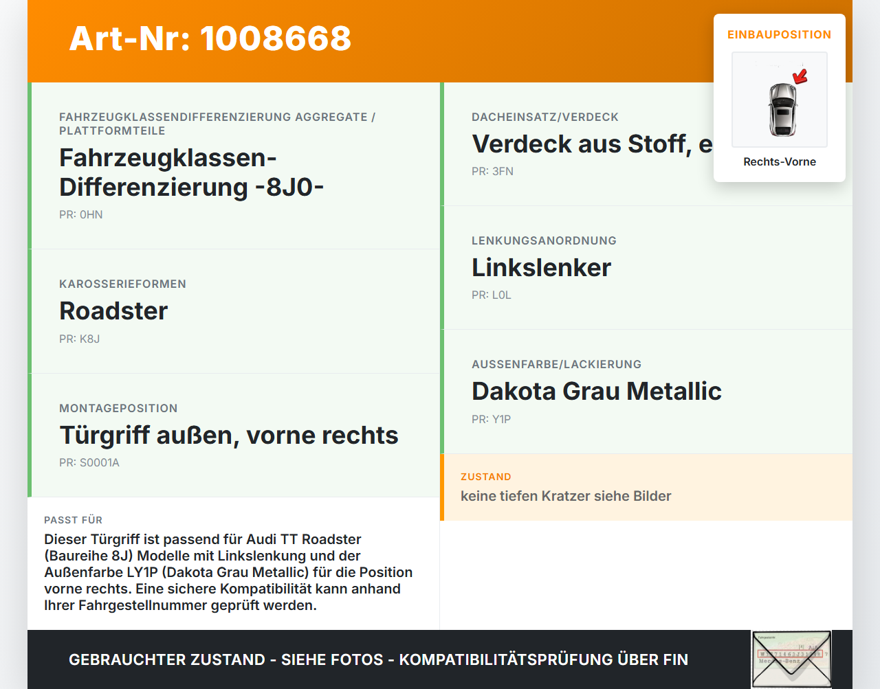 Audi TT Roadster 8J 8J9 10-14 Cabrio Türgriff Griff aussen Rechts Vorne LY1P Audi TT Roadster 8J 8J9 10-14... Vorschau 3