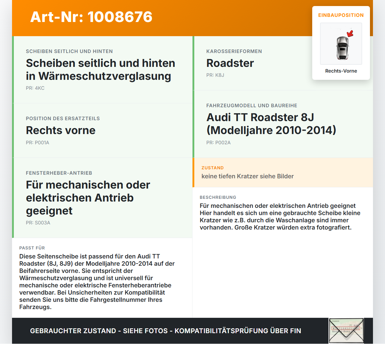 Audi TT Roadster 8J 8J9 10-14 Cabrio Seitenscheibe RVK Türscheibe Rechts Vorne Audi TT Roadster 8J 8J9 10-14... Vorschau 3