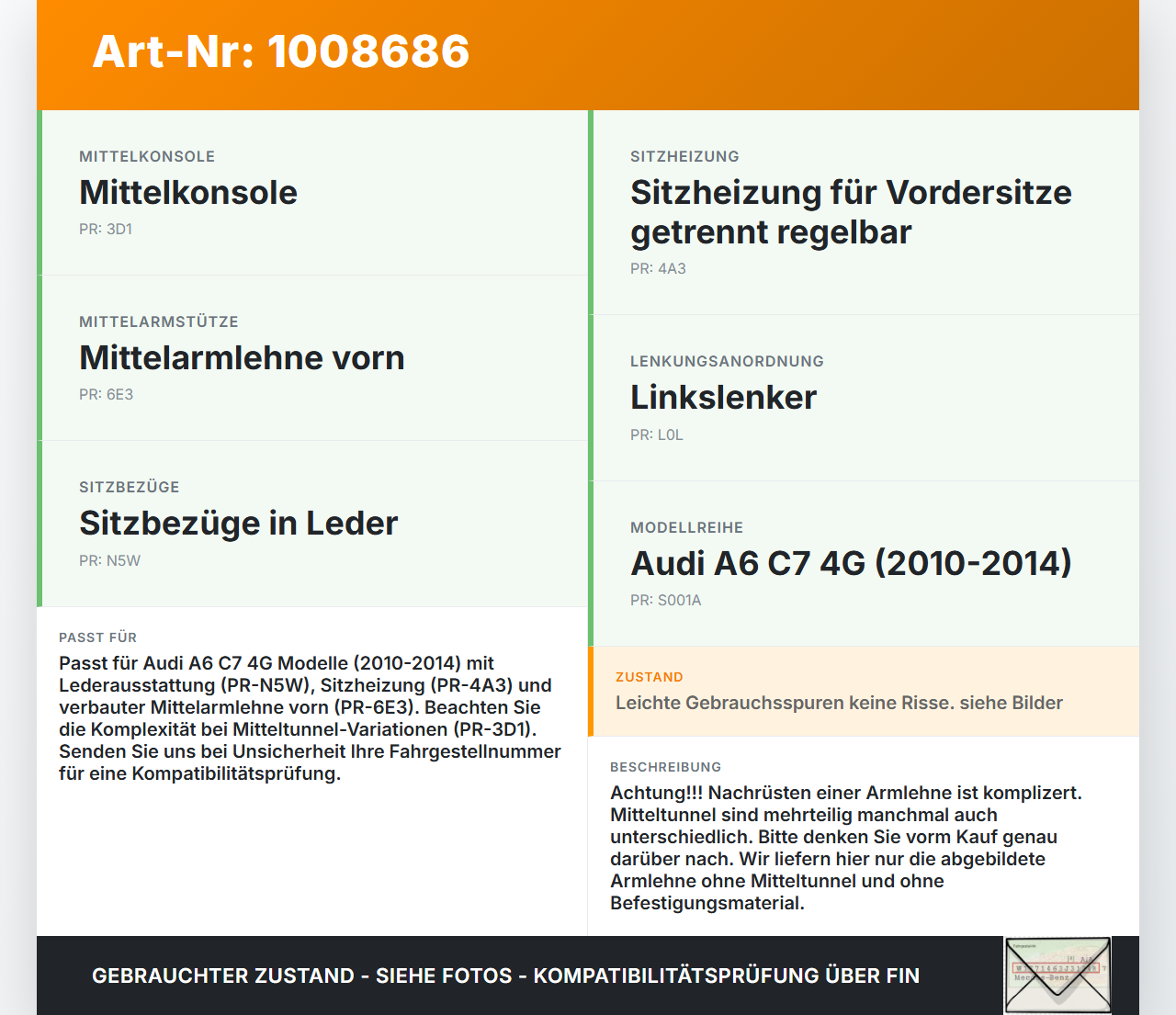 Audi A6 C7 4G 10-14 Armlehne Mittelarmlehne Auflage Audi A6 C7 4G 10-14 07.09.2011 4G0864248D gebraucht Vorschau 3