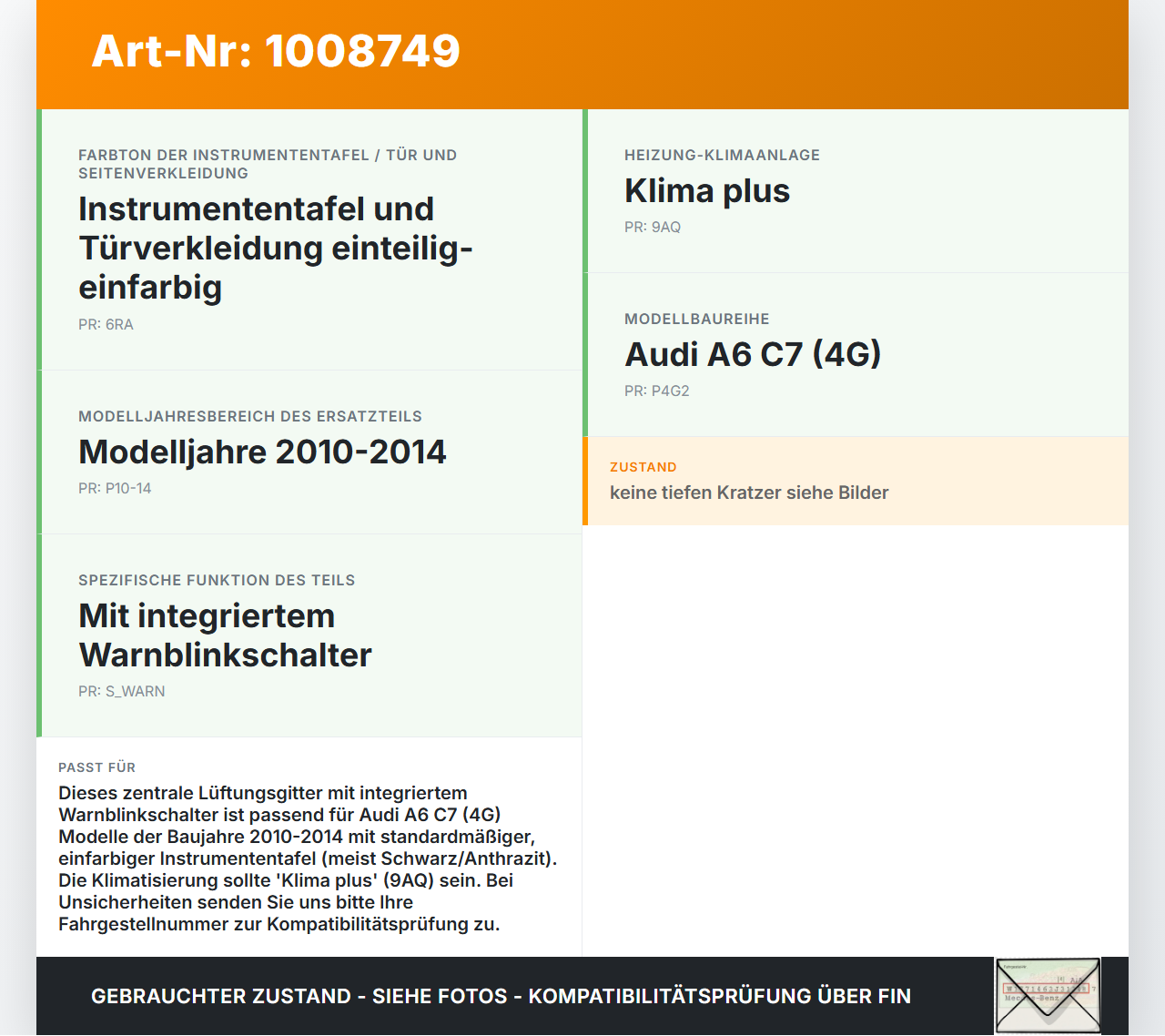 Audi A6 C7 4G 10-14 Lüftungsgitter Luftdusche Luftdüse Mitte mit Warnblinkschalter Audi A6 C7 4G 10-14 07.09.2011... Vorschau 3