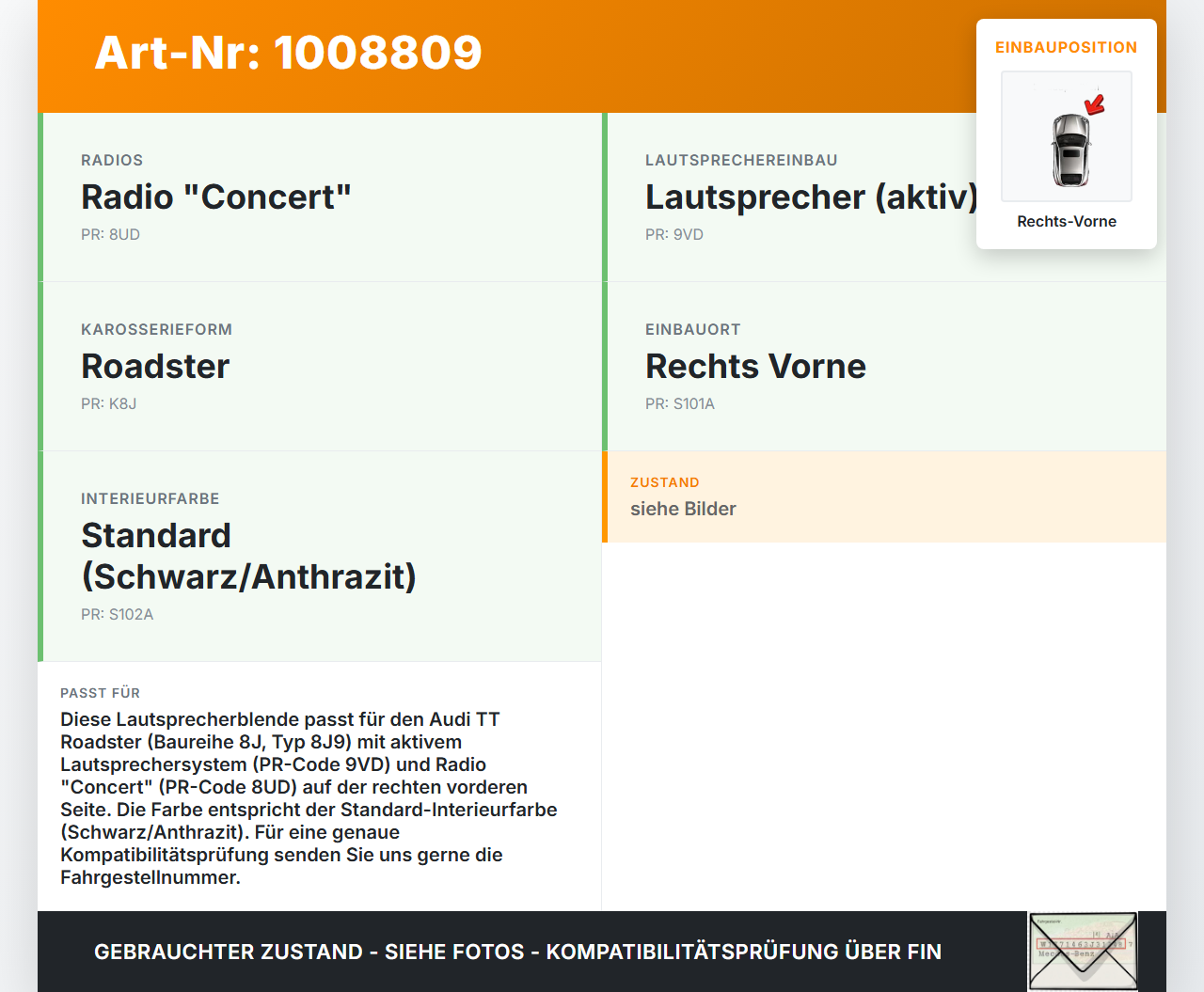 Audi TT Roadster 8J 8J9 10-14 Lautsprecherblende Lautsprecherabdeckung Gitter Rechts Vorne Audi TT Roadster 8J 8J9... Vorschau 3