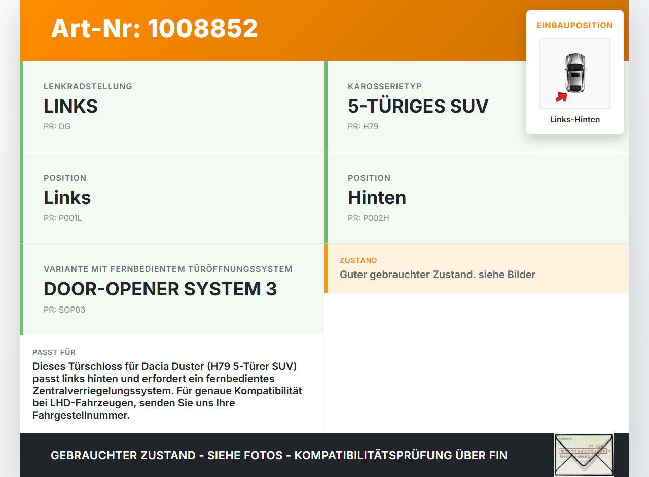 Dacia Duster 4x4 HS 10-18 Türschloss m. ZV Stellmotor Links Hinten Dacia Duster 4x4 HS 10-18 25.08.2016 gebraucht Vorschau 3