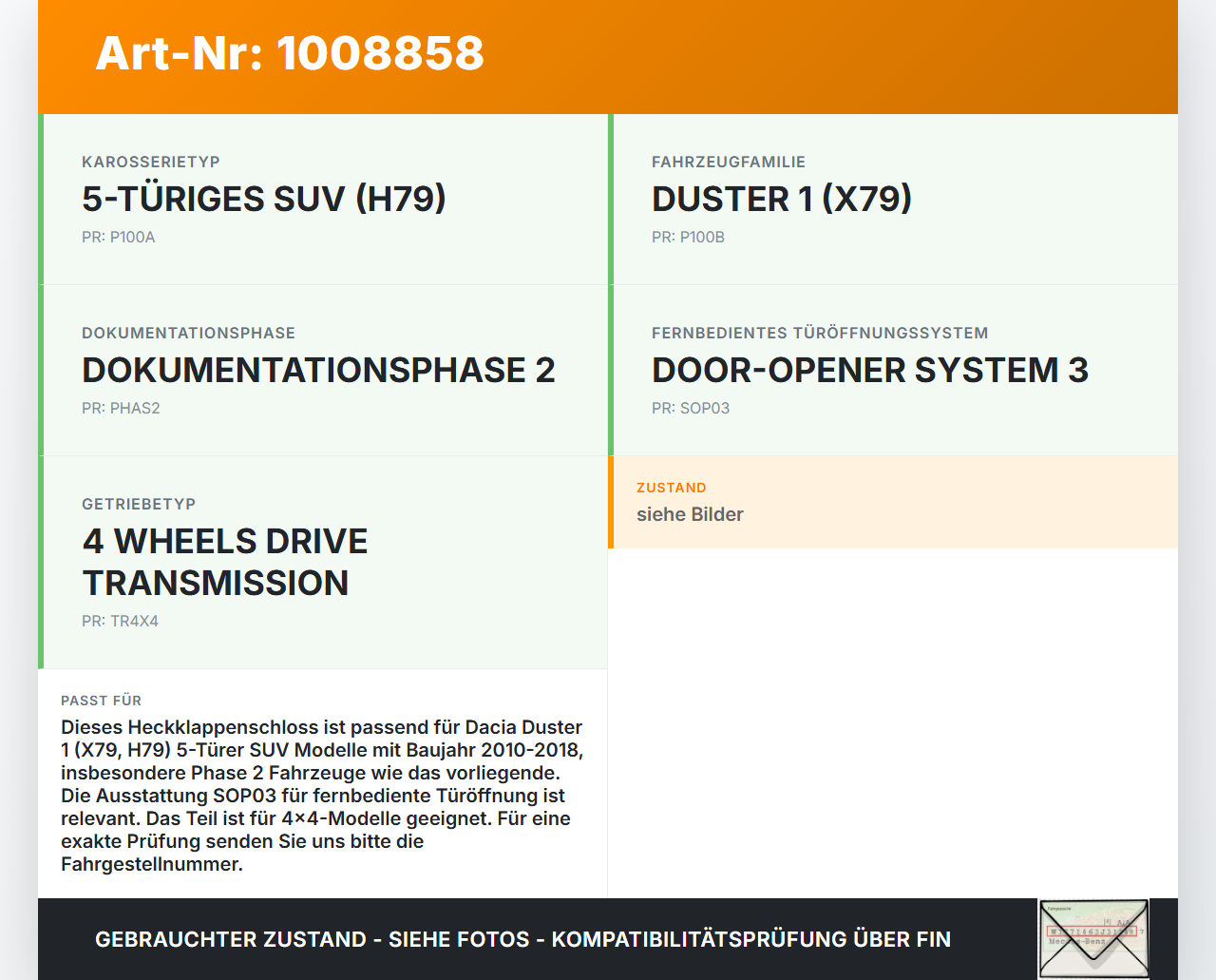 Dacia Duster 4x4 HS 10-18 Schloss f. Heckklappe Heckklappenschloss Verriegelung Dacia Duster 4x4 HS 10-18... Vorschau 3