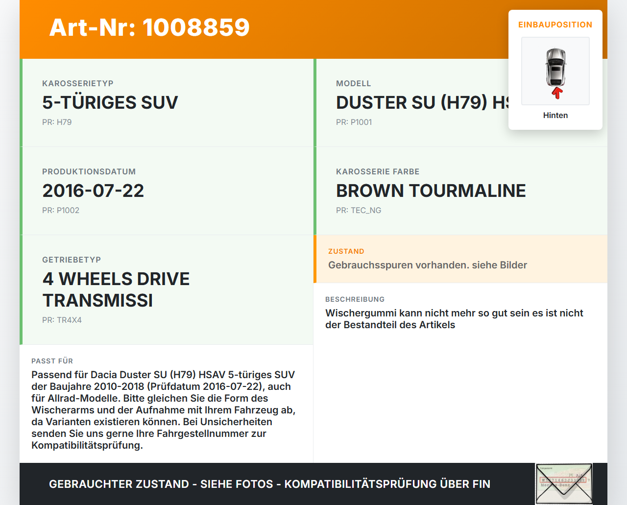 Dacia Duster 4x4 HS 10-18 Heckwischer Scheibenwischer Hinten Wischarm Dacia Duster 4x4 HS 10-18 25.08.2016 gebraucht Vorschau 3